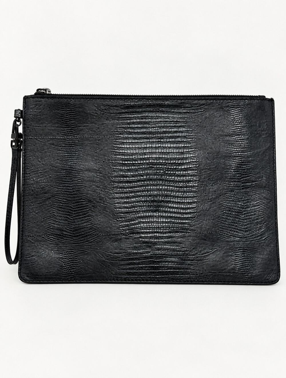 Alice + Olivia Lizard Embossed Leather Flat Clutch Wristlet Black White